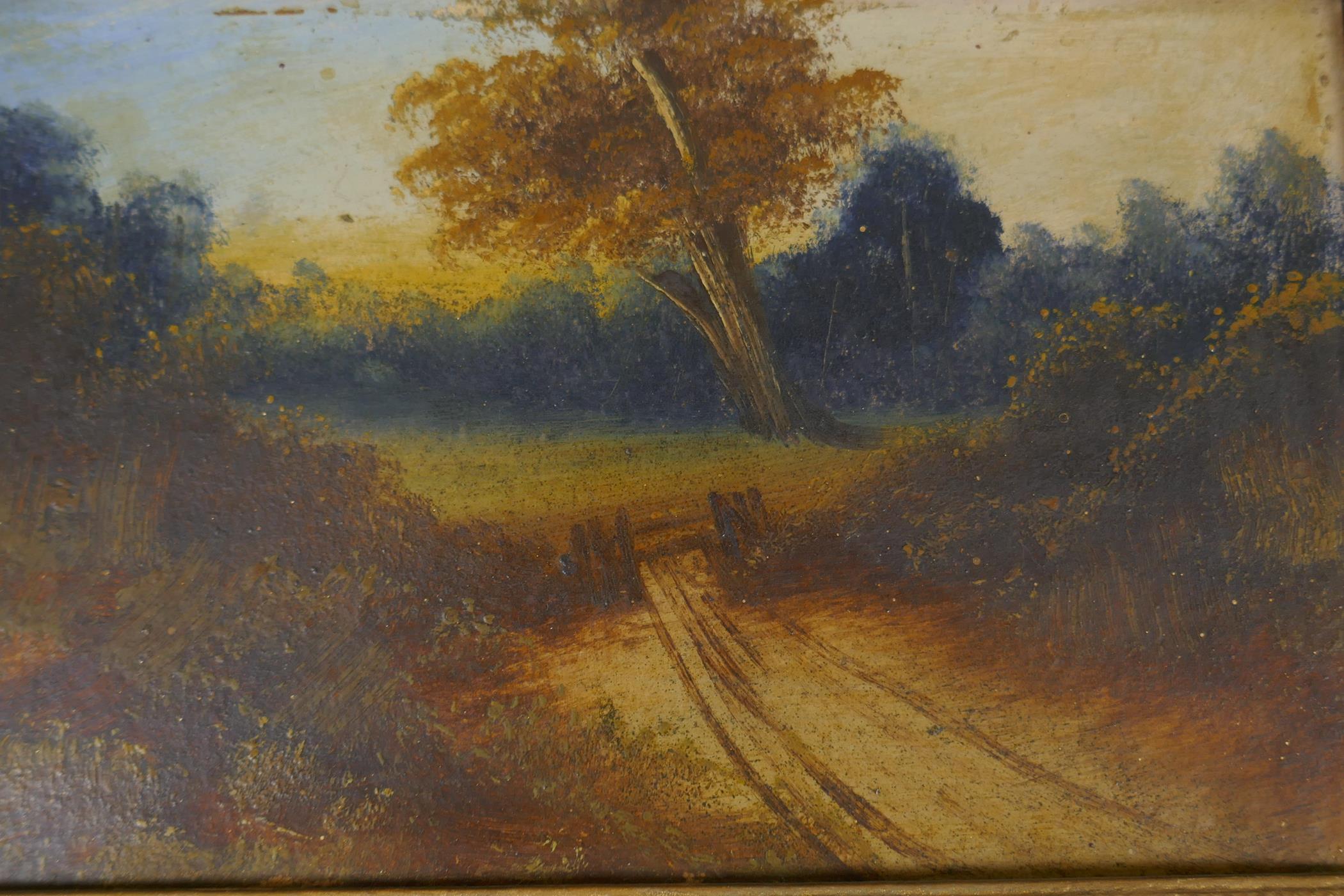 A pair of antique oils on card, rural landscape scenes, in gilt frames, 28 x 18cm - Image 4 of 5