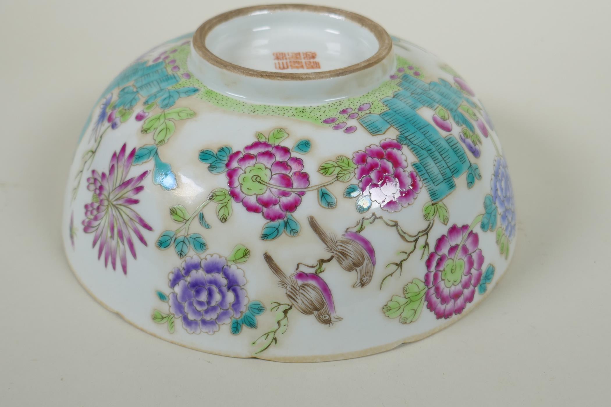 A C19th Chinese famille rose porcelain bowl with lobed rim, decorated with birds amongst asiatic - Image 4 of 7