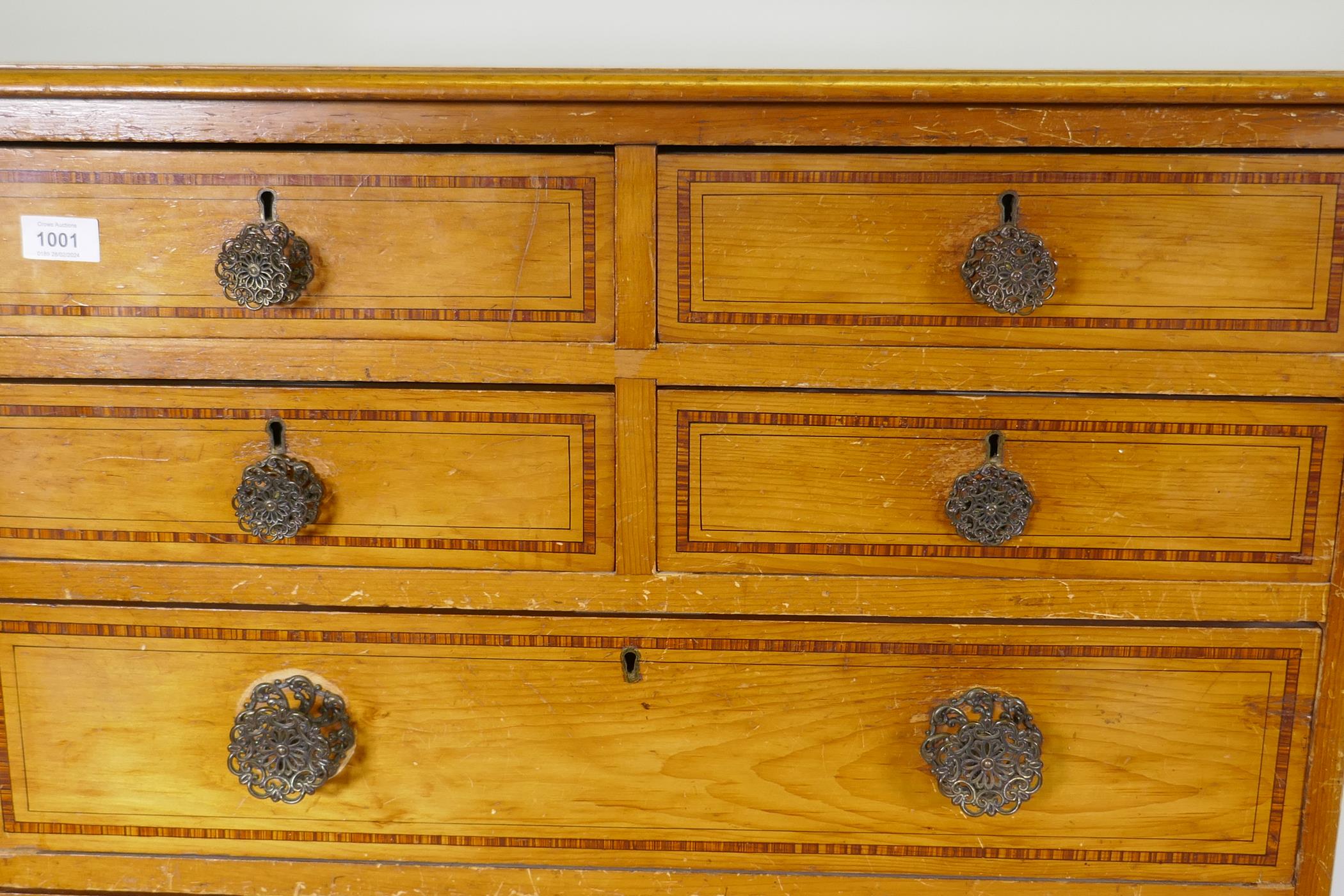 A Victorian polished pine chest of drawers with original painted decoration, four over four - Image 2 of 8