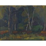 Bill Sly, Silver Birches, Bushy Park, labelled verso and painted with an industrial landscape,