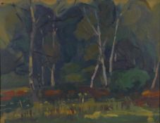 Bill Sly, Silver Birches, Bushy Park, labelled verso and painted with an industrial landscape,