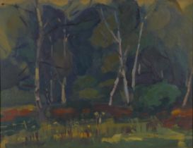 Bill Sly, Silver Birches, Bushy Park, labelled verso and painted with an industrial landscape,