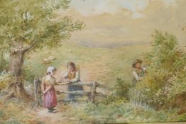 Myles Birket Foster, landscape with children gathering berries, signed with a monogram, watercolour,
