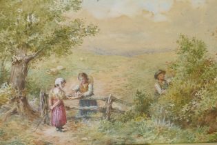 Myles Birket Foster, landscape with children gathering berries, signed with a monogram, watercolour,