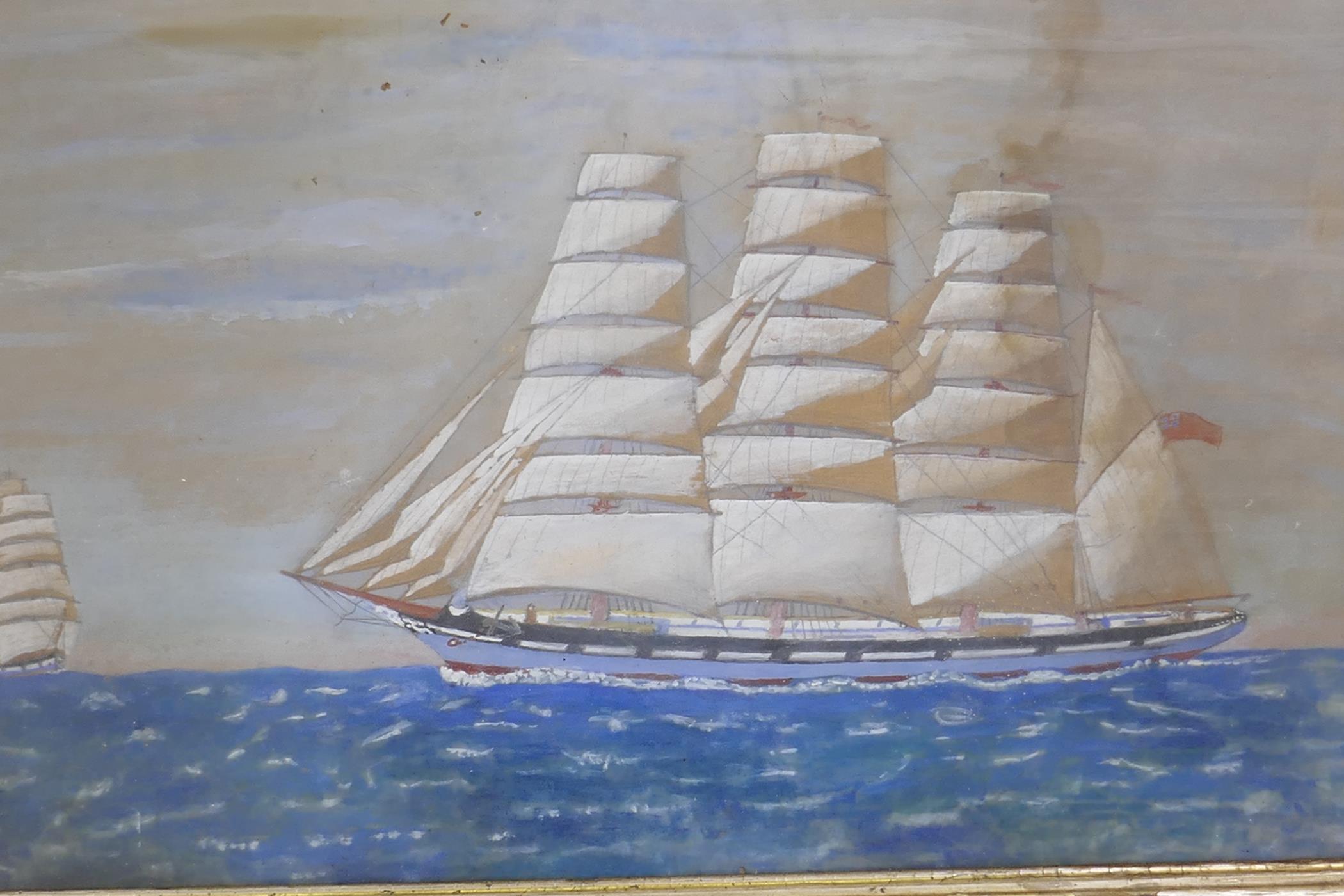 Naive painting of a three masted clipper sailing ship, unsigned, watercolour on card, 70 x 55cm - Image 2 of 3