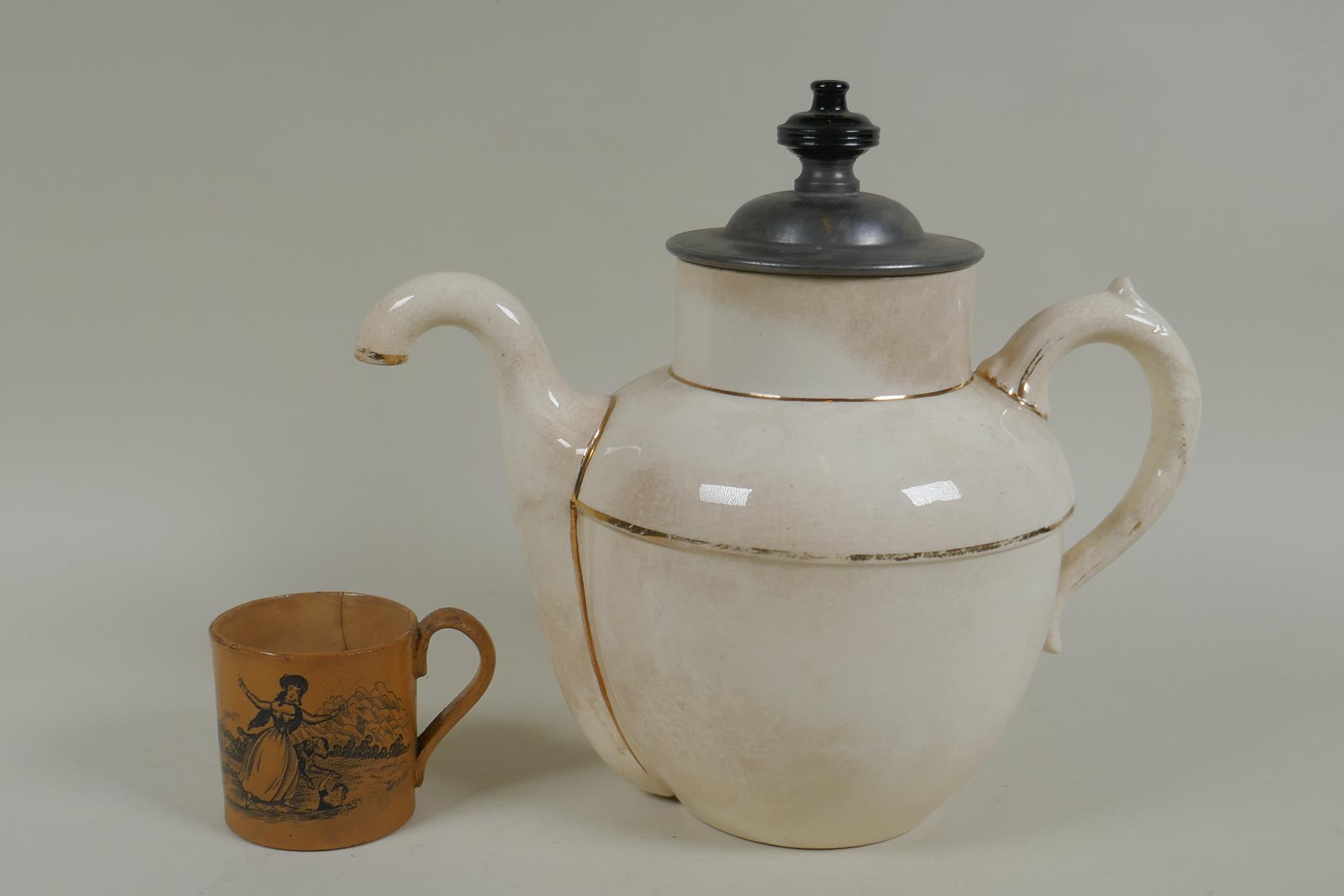 A C19th Burslem Royal patent self pouring teapot, an early stoneware mug with transfer decoration of