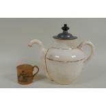 A C19th Burslem Royal patent self pouring teapot, an early stoneware mug with transfer decoration of