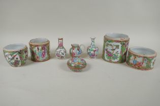 A collection of late C19th/early C20th Canton famille rose porcelain to include miniature vases,