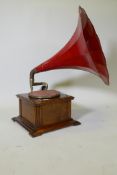 An early C20th Spanish wind up gramophone, labelled Phono-Barcelonesa, San Pablo, 94, in a walnut