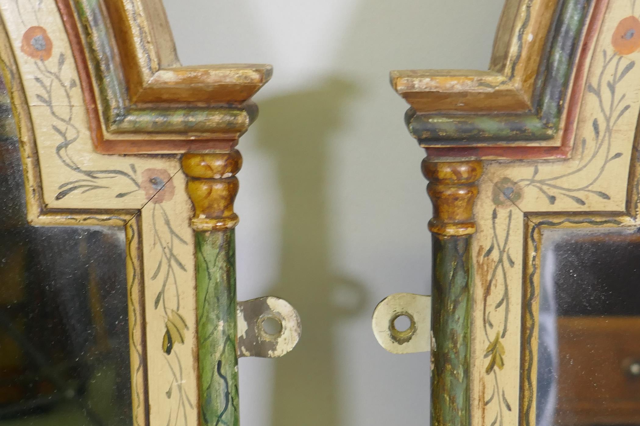 A pair of dome top wall mirrors with painted decoration and faux marble columns, 81 x 55cm - Image 2 of 4