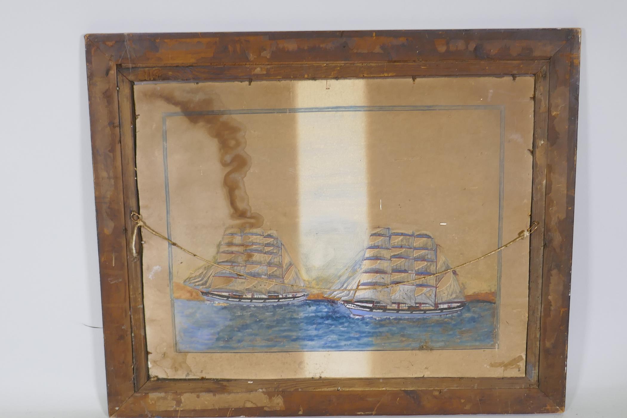 Naive painting of a three masted clipper sailing ship, unsigned, watercolour on card, 70 x 55cm - Image 3 of 3