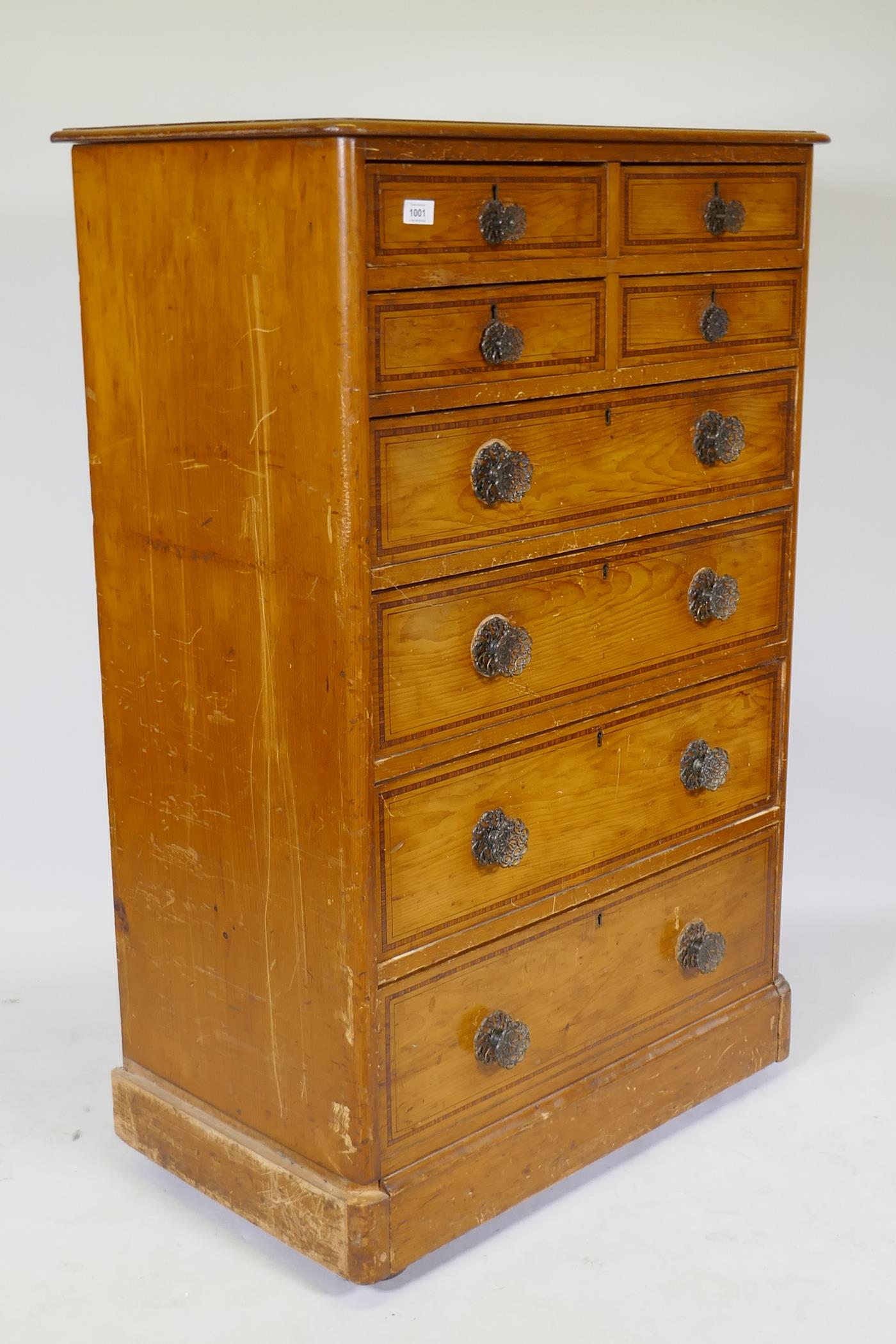 A Victorian polished pine chest of drawers with original painted decoration, four over four - Image 3 of 8