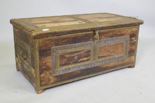 An Oriental Zanzibar style rosewood and brass mounted coffer, 92 x 47 x 42cm