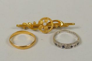 A 15ct gold brooch set with a seed pearl, 2.5g gross, a 9ct white gold and sapphire ring, size M,