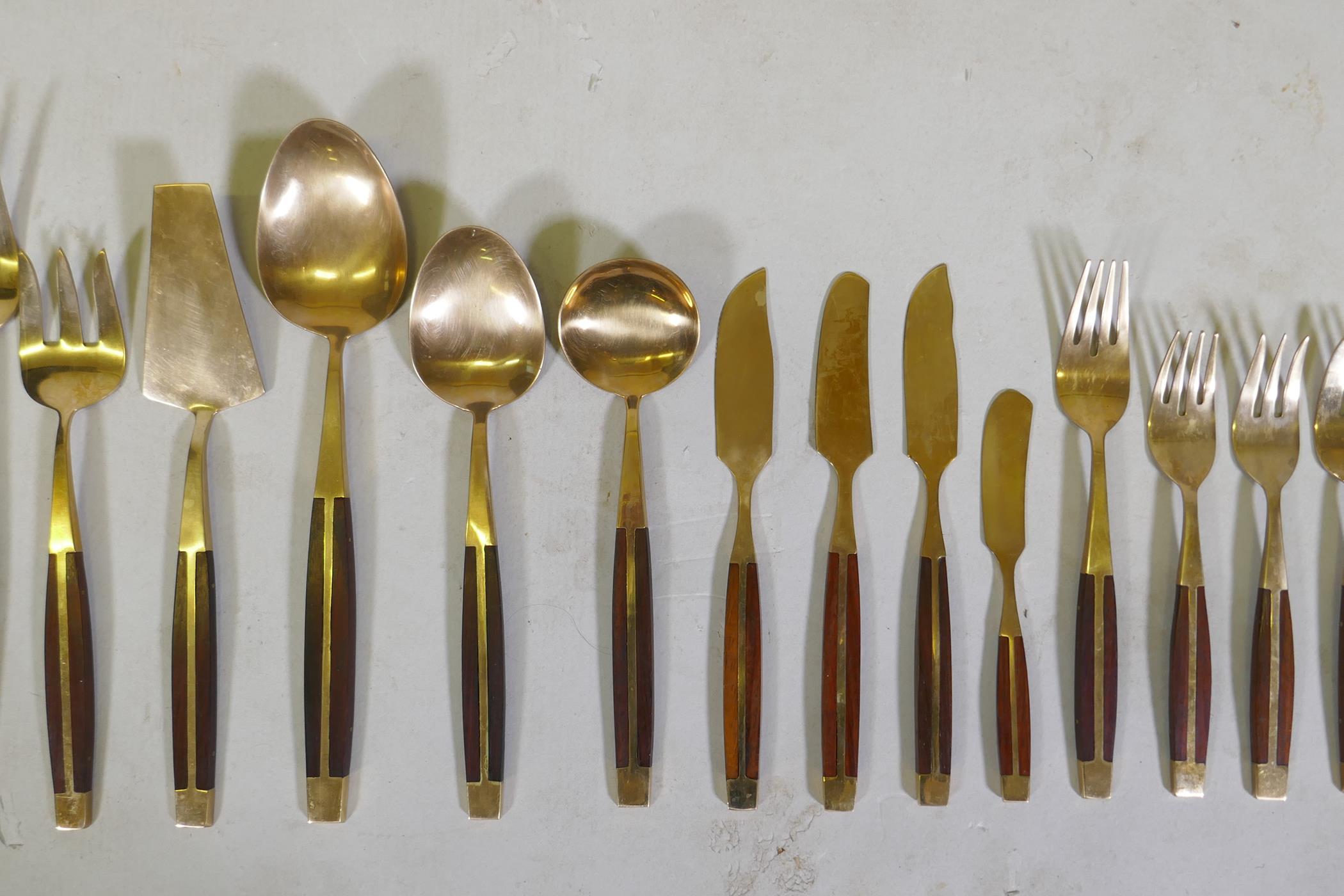 A canteen of brass and rosewood cutlery, probably Thai or Malaysian, 12 place settings - Image 6 of 7