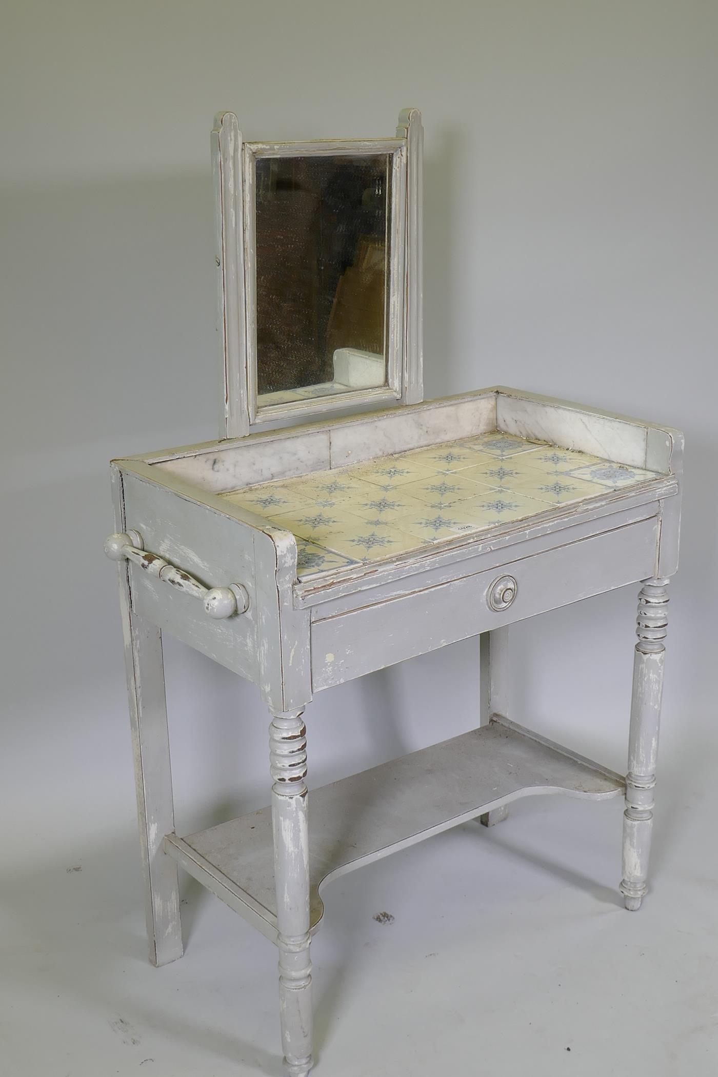 A C19th French painted dressing table, with swing mirror and three quarter marble gallery tiled - Image 2 of 4