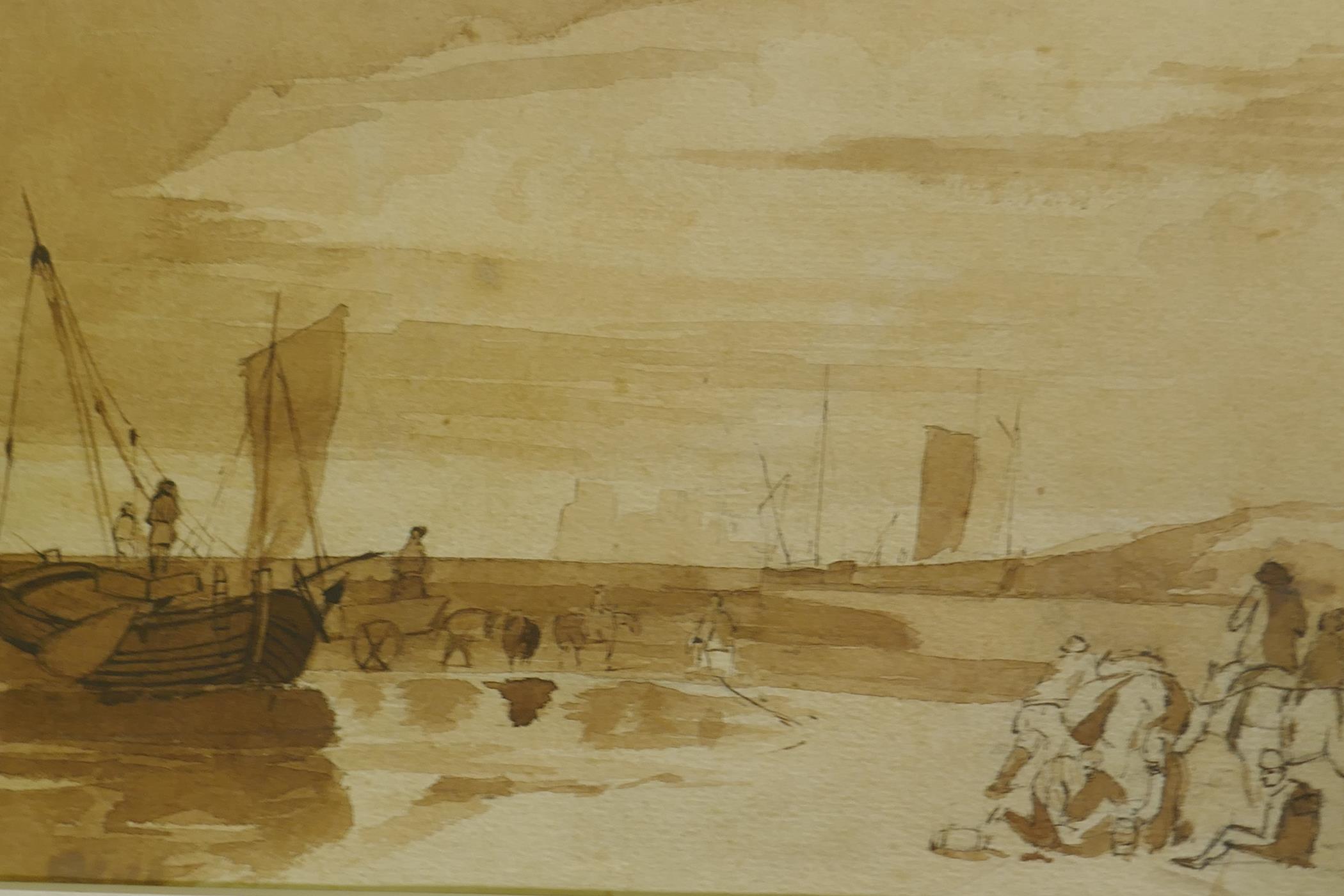 A collection of C19th and later watercolours, beach scene with fisher folk, 16 x 25cm; view of a - Image 3 of 9