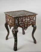 A Syrian mother of pearl, bone and metal inlaid side table with single drawer, 35 x 35cm, 45cm high