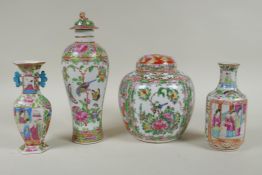 Three c19th Chinese Canton famille rose porcelain vases decorated with birds, insects, flowers and