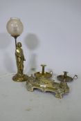 A Victorian brass desk standish with two inkwells, stamped C. Winn & Co, Birmingham, 30cm long,