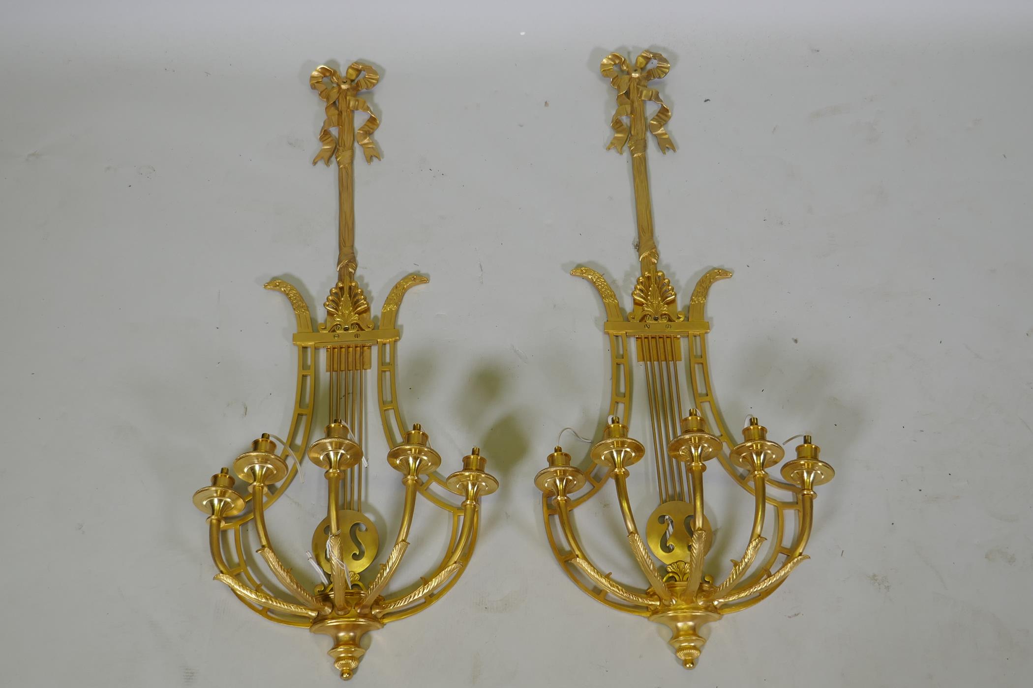 A pair of ormolu empire style five branch wall sconces of lyre form, 97cm high - Image 2 of 4