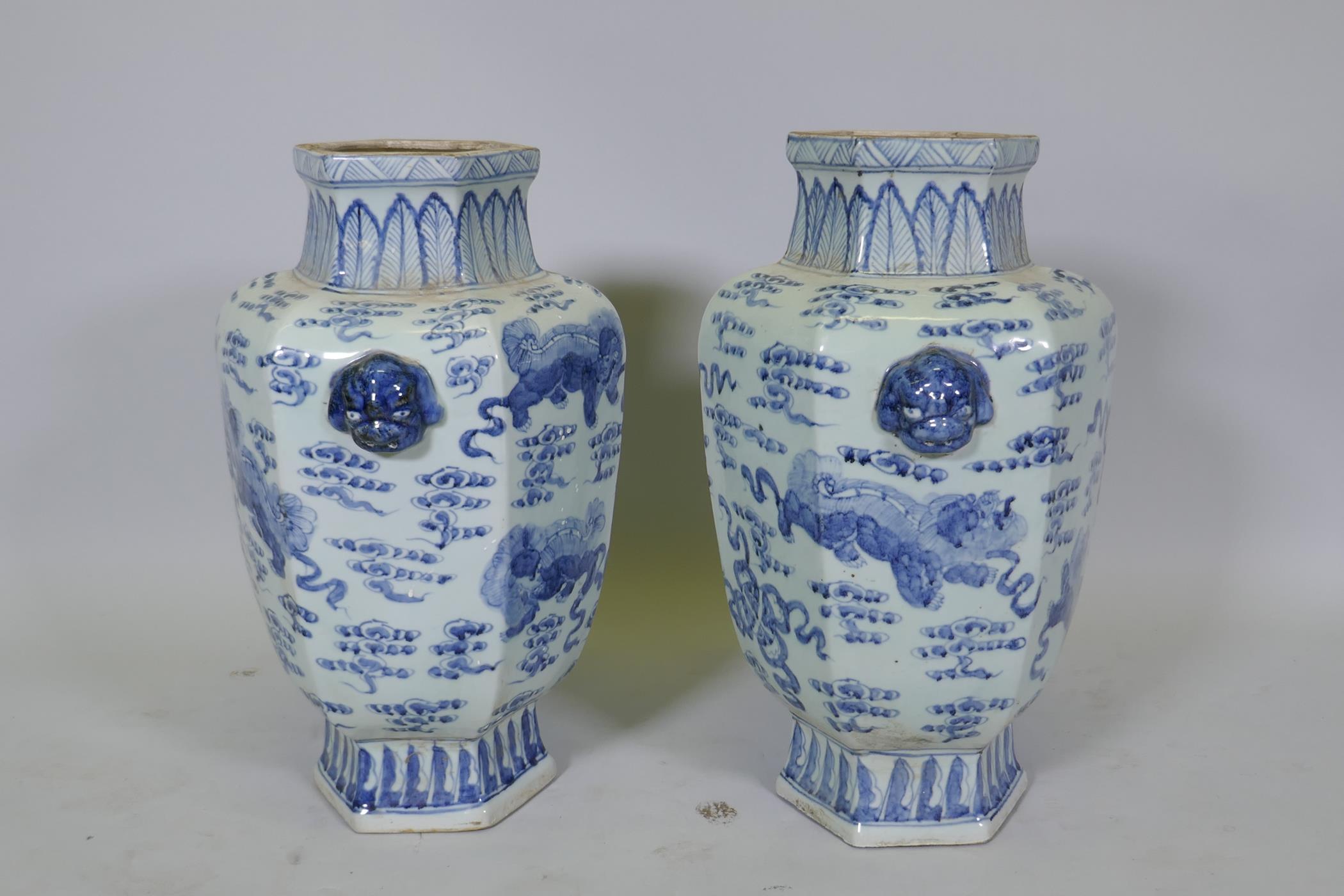 A pair of Chinese blue and white per hexagonal vases with two lion mask handles and kylin - Image 4 of 5