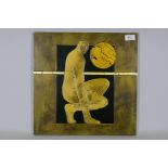 Bev Houlding, abstract, figure, signed, raised/incised resin on panel with gilt highlights, 40 x