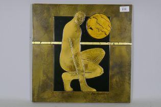 Bev Houlding, abstract, figure, signed, raised/incised resin on panel with gilt highlights, 40 x
