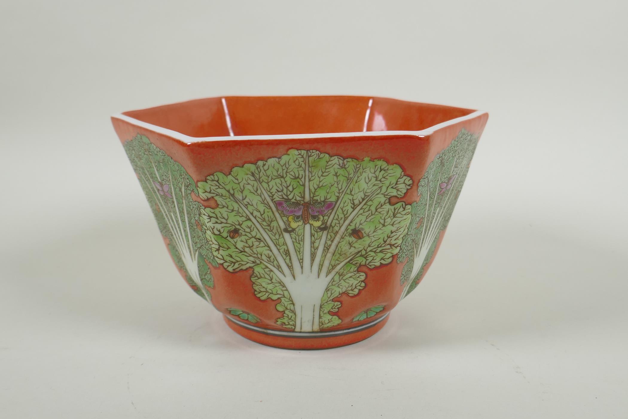 A Chinese coral red ground porcelain bowl of hexagonal form, with polychrome enamel decoration of - Image 3 of 6