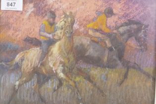 Fay M. Moore, racing horses with jockeys, pastel on board, signed, 30 x 23cm