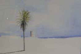 Joh R. Harris, desert landscape with palm tree and watch tower, signed, watercolour, 66 x 48cm