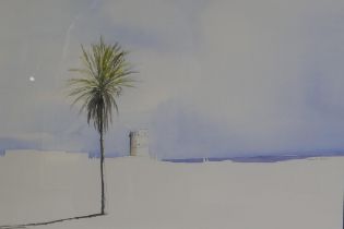 Joh R. Harris, desert landscape with palm tree and watch tower, signed, watercolour, 66 x 48cm