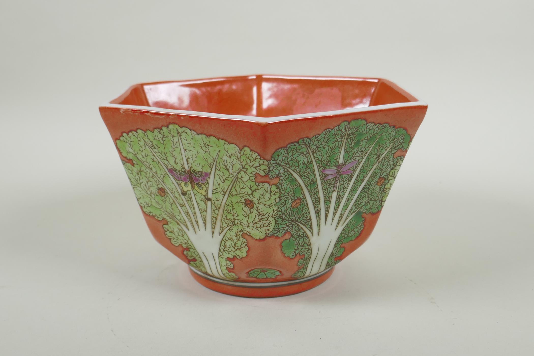 A Chinese coral red ground porcelain bowl of hexagonal form, with polychrome enamel decoration of - Image 2 of 6