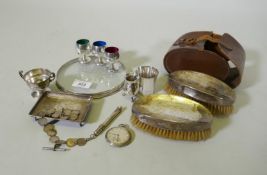 A hallmarked silver pin tray, cups and beaker and cut glass coaster with silver mount, 16cm