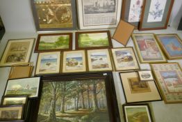 A quantity of framed colour prints, and a brass easel frame
