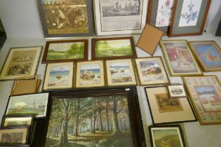 A quantity of framed colour prints, and a brass easel frame