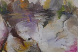 Annabel Kapp, Lake: pink weir 2017, signed verso, oil on canvas, 61 x 51cm
