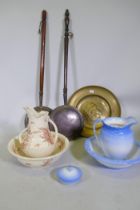 A Victorian Staffordshire jug and bowl with fish and seaweed decoration, and another, two C19th