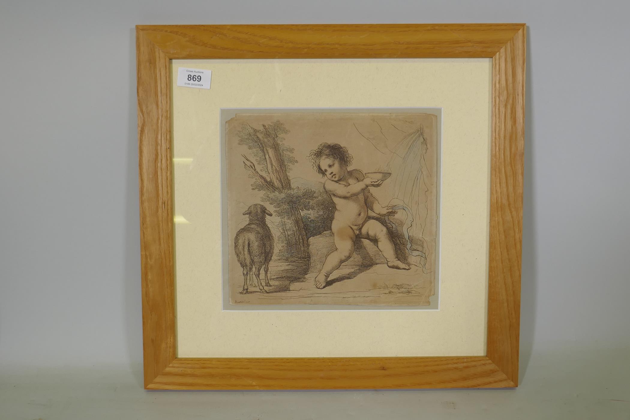 After Guercino, boy with a lamb, coloured engraving, late C19th, 24 x 23cm - Image 2 of 3