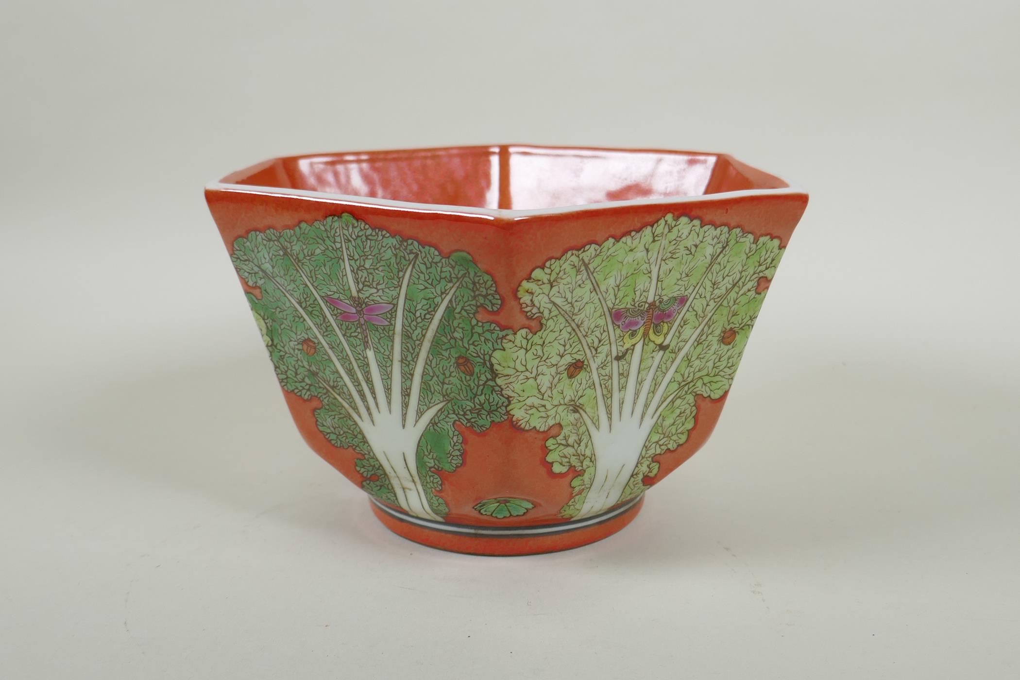 A Chinese coral red ground porcelain bowl of hexagonal form, with polychrome enamel decoration of - Image 4 of 6