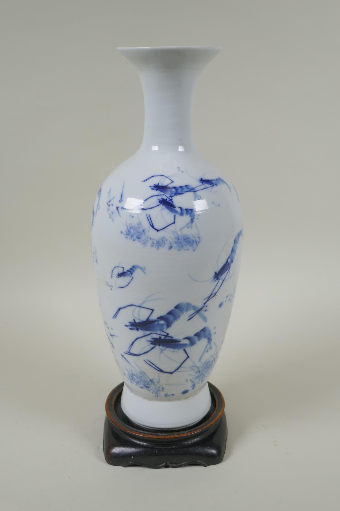 A Chinese blue and white porcelain vase decoration with king prawns, GuangXu 6 character mark to