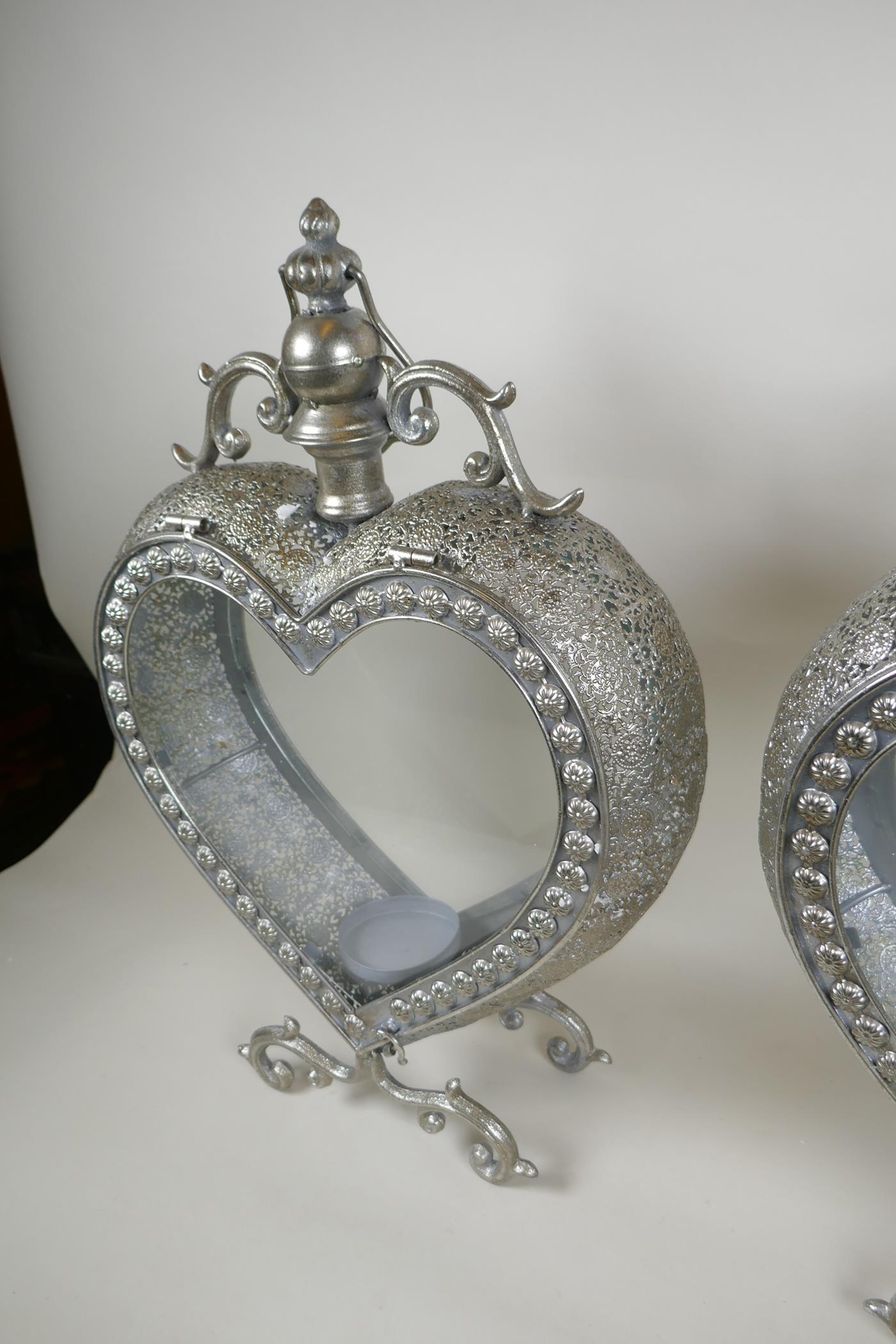 A pair of silvered metal heart shaped lanterns, 51cm high - Image 2 of 3