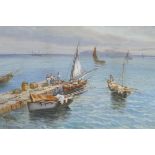 G. Metini, Mediterranean scene with fishermen on the quay, signed, watercolour and gouache, 48 x