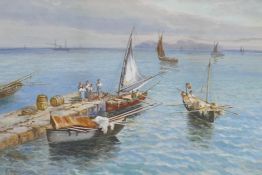 G. Metini, Mediterranean scene with fishermen on the quay, signed, watercolour and gouache, 48 x