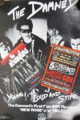 The Damned, Young Hot Loud and Stiff, reproduction poster, 44 x 61cm, and two punk flyers for The