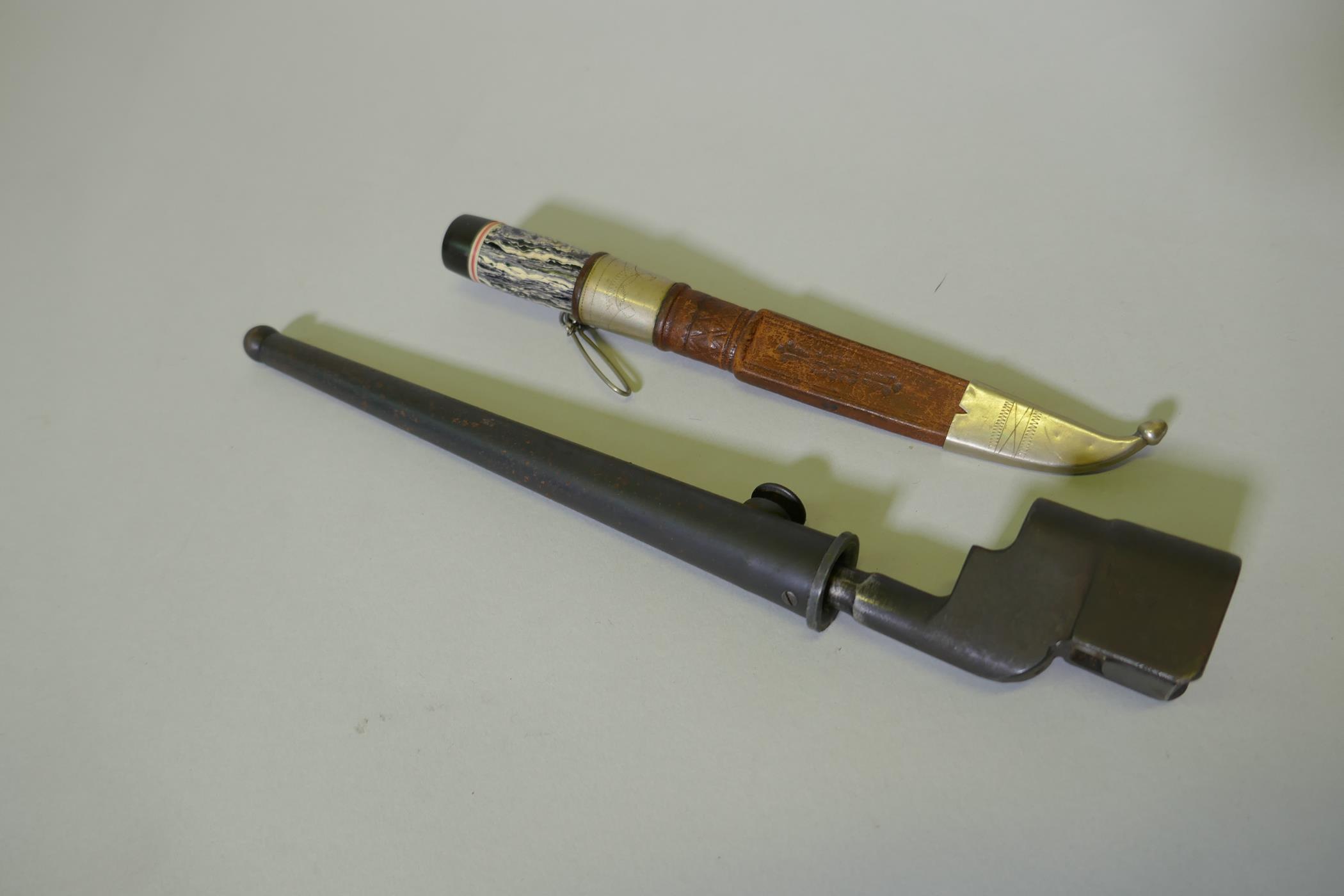 A WWII No 4 MkII spike bayonet with metal sheath, stamped N67, 28cm long, and a vintage Nordic - Image 2 of 4