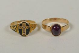 An antique seed pearl and enamelled gold mourning ring with crucifix decoration, marks rubbed,
