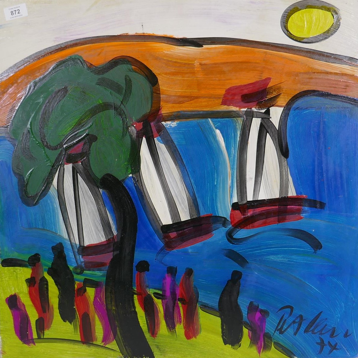 Peter Keil, abstract, figures under a tree, signed and dated 74, oil on board, 61 x 61cm
