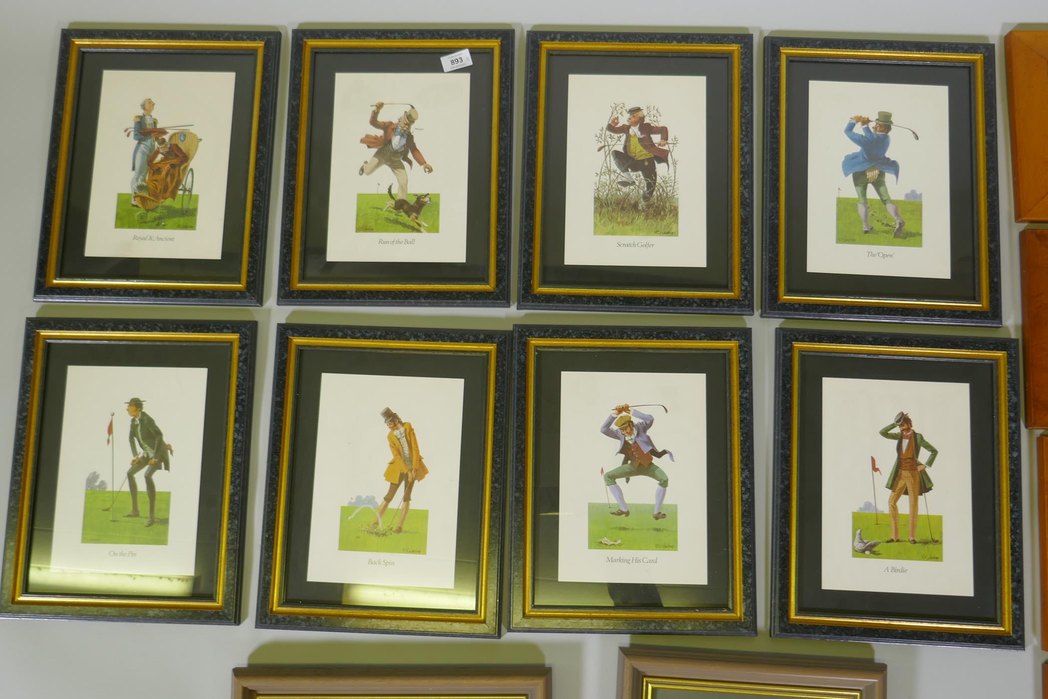 After R.S. Lindsay, eight humorous golfing prints, framed, frame 30 x 38cm, four hunting prints in - Image 2 of 6