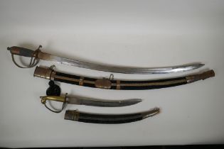 An Indian sabre with brass hilt and copper mounts, together with another smaller, longest blade 75cm